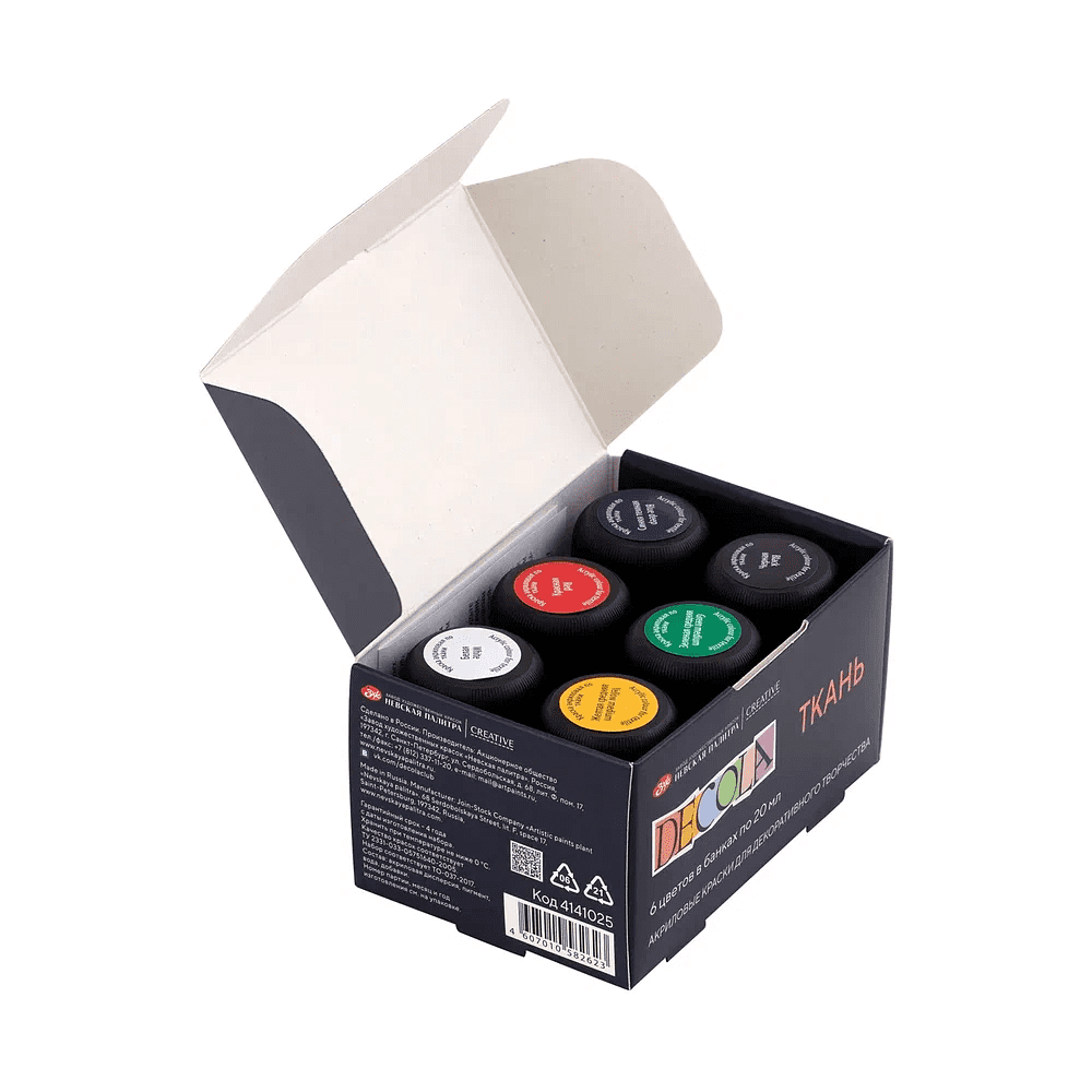 Краска акриловая по ткани "Декола", набор 6 цвет, 20 мл, банки - 4