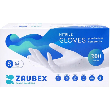Перчатки нитриловые неопудренные Zaubex, одноразовые, р-р S, 200 шт/уп, голубой