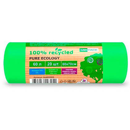 Мешки для мусора ПНД Mirpack "PURE ECOLOGY Био", 12 мкм, 60 л, 20 шт/упак