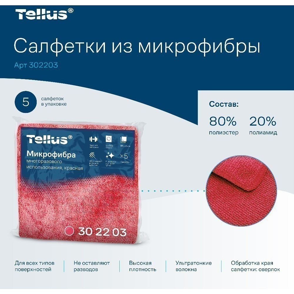 Салфетка из микроволокна Tellus, 220 гр/м2, 35х35см, 5шт/упак, красный - 3