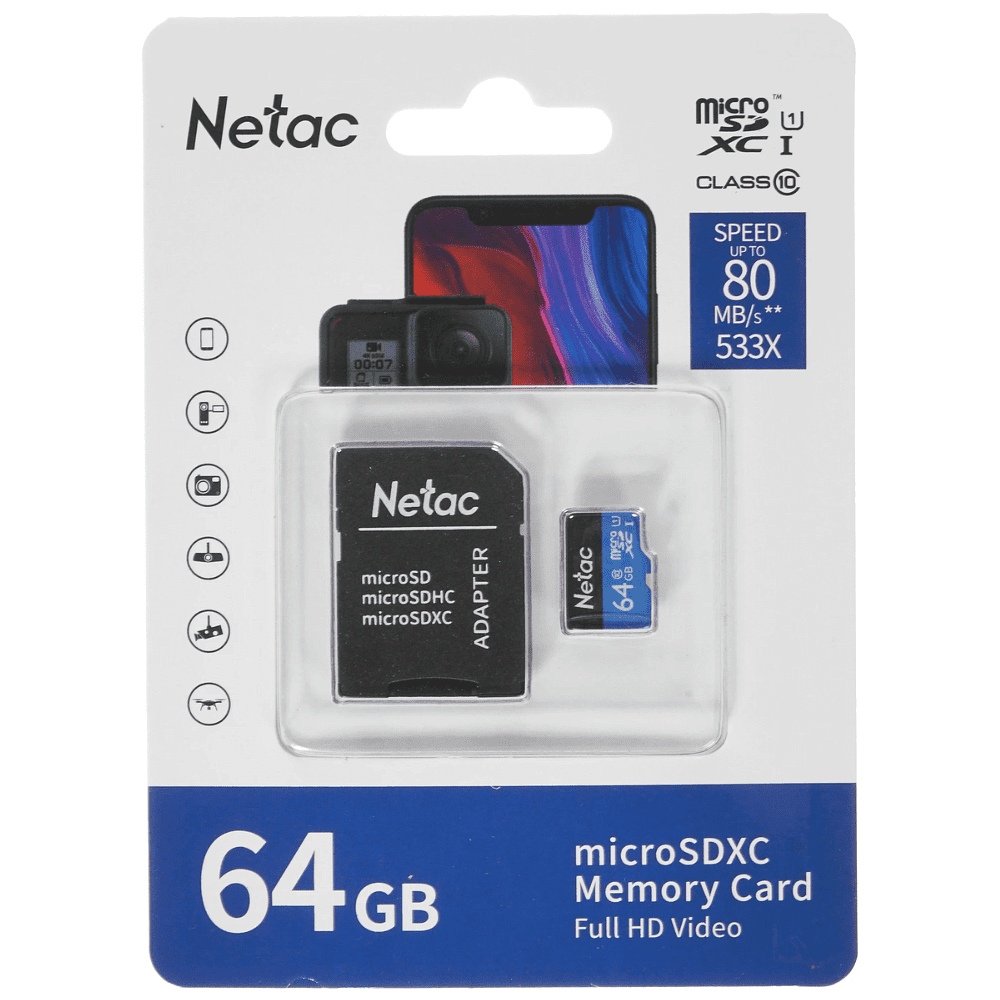 Карта памяти MicroSDXC "Netac P500 Standard", 64GB, U1/C10, с адаптером - 2