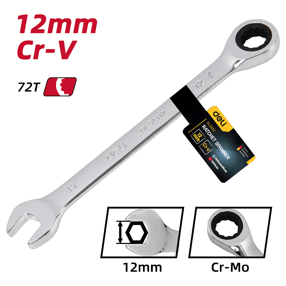 Ключ комбинированный Deli YS EDL34112, 12 мм, с трещоткой, 72 зуба - 6