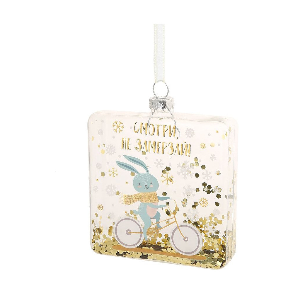 Украшение новогоднее "Фляжка с зайчиком на велосипеде", прозрачный, голубой